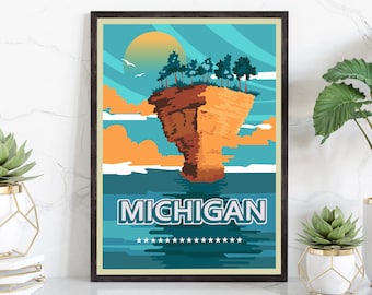 Retro Style Travel Poster, Michigan Vintage Rustic Poster Print, Home Wall Art, Office Wall Decoration, Posters, Michigan, State Map Poster