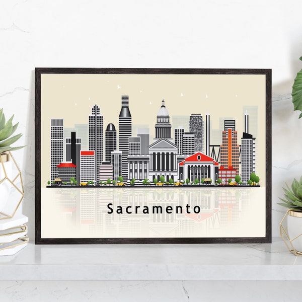 SACRAMENTO CALIFORNIA Illustration skyline poster, California modern skyline cityscape poster print, Landmark map poster, Home wall art