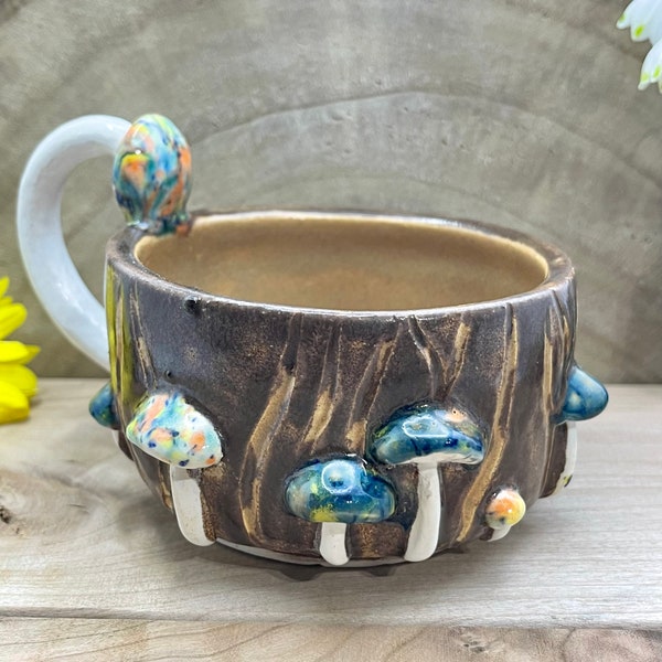 Mushroom Mug, Whimsical Mushroom Cup, Tree Stump Mug, Handmade, Ceramic, Nature Inspired Gift