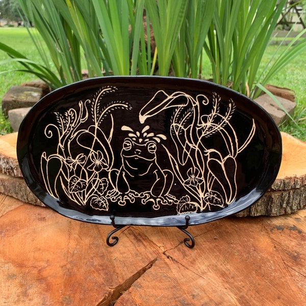 Frog Tray, Tree Frog Dish, Flowers and Leaves Home Decor, Handmade, Ceramic, Sgraffito Tray