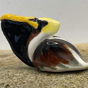 Miniature Brown Pelican Ceramic Figurine, Hand Sculpted Bird Collectible