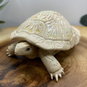 May include: A cream-coloured ceramic turtle figurine with a textured shell. The shell has a floral design in yellow and green. The turtle has visible legs, a head, and a tail.