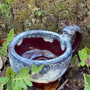 Può includere: Una tazza in ceramica fatta a mano con interno rosso scuro e smalto esterno blu e bianco. La tazza ha una forma arrotondata con un manico ed è circondata da vegetazione e un tronco d'albero.