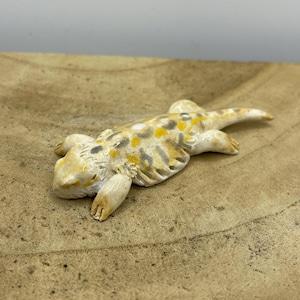 Könnte beinhalten: Eine Keramik-Echsenfigur in Creme-, Gelb- und Grautönen, die auf einer Holzoberfläche liegt. Das Reptil hat ein strukturiertes Muster und ist mit kleinen Beinen und einem Schwanz detailliert. Die Figur ist ein dekorativer Artikel.