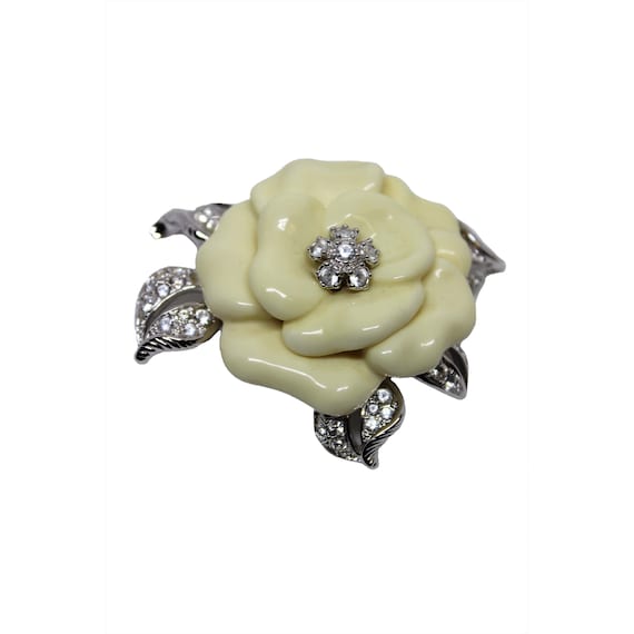 Nolan Miller Cream Camellia Crystal Brooch Pin c1… - image 1