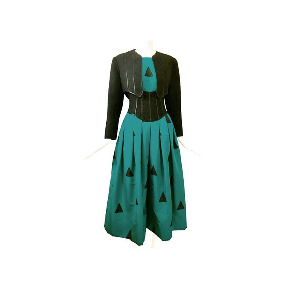 Geoffrey Beene, GEOFFREY BEENE Vintage Teal and Black Geo-print Ballgown with Black Bolero Jacket