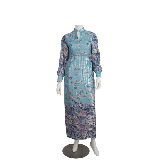 1970s RICHILENE Print Maxi Dress Gown with Silver