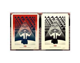 2 carteles firmados - Obey Conformity Trance - Díptico rojo y negro - Shepard Fairey (OBEY) - Edición limitada de 350 copias - Serigrafía - 2021