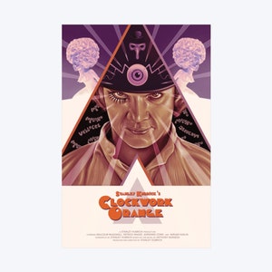 May include: A retro-style poster for the film "A Clockwork Orange" featuring a close-up of the main character's face with a menacing expression. The poster is in shades of orange, purple, and white, with a stylized eye and triangle design.