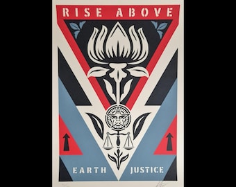 Póster firmado - Rise Above Earth Justice (Azul) - Shepard Fairey (OBEY) - Edición limitada de 150 copias - Serigrafía - 2026