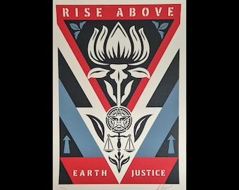 Póster firmado - Rise Above Earth Justice (Rojo) - Shepard Fairey (OBEY) - Edición limitada de 150 copias - Serigrafía - 2026