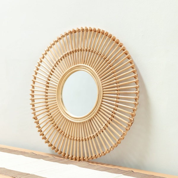 Rotan spiegel 58 cm handgemaakte boho wandspiegel BUMI wanddecoratie ronde spiegel grote decoratieve spiegel