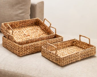 Rectangular Tray Water Hyacinth Serving Tray Large Decorative Tray BESAKIH Beige (3 sizes)