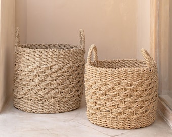 Large Laundry Basket Round Storage Basket Decorative Basket Woven from Natural Fibres MASILA (2 sizes)