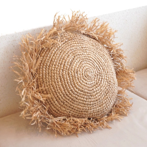 Coussin décoratif bohème rond à franges coussin décoratif en raphia Ø40/50 cm coussin de canapé avec rembourrage TARAKAN beige (2 tailles)