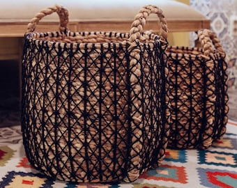 Laundry Basket | Plant Basket with Black Accents PRAYA made from Water Hyacinth