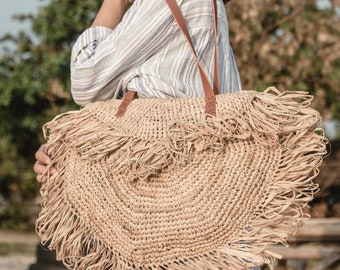 Beige Shoulder Bag with Fringes Beach Bag Tote Shopping Bag SUMBAWA