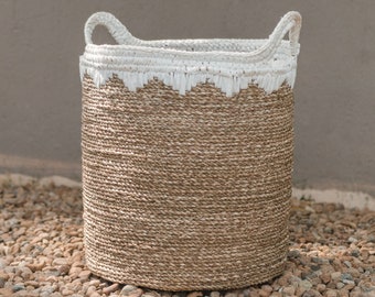 Large Laundry Basket Round Storage Basket Plant Basket Woven from Natural Fibres NIAS white (2 sizes)