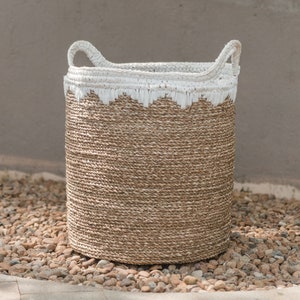 Grande cesto portabiancheria rotondo portaoggetti cesto porta piante intrecciato in fibre naturali NIAS bianco (2 misure)