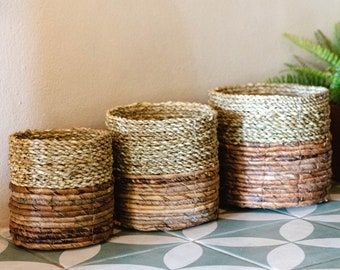 Storage Basket | Plant Basket BHINNEKA (two-coloured) made from Banana Fibre & Seagrass (3 sizes)