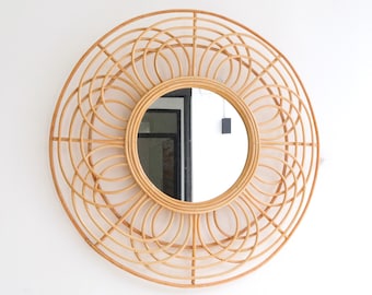 Rattan Mirror 58 cm Handmade Boho Wall Mirror PUTUK Wall Decoration Round Mirror Large Decorative Mirror
