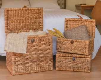 Storage Chest Basket | Woven Laundry Basket with Lid KELANA made from Water Hyacinth (3 sizes)