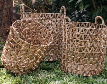 Round Decorative Basket NAILAKA (3 sizes) Large Laundry Hamper Brown Woven