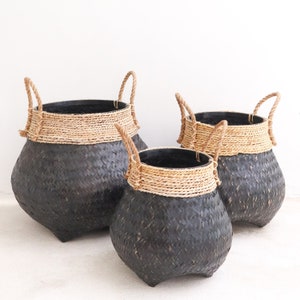 Black Plant Basket Decorative Basket Large Laundry Basket BENOA black Hand-woven Basket made of Bamboo and Seagrass 3 sizes image 1