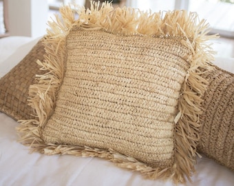 Raffia Throw Pillow with filling | Decorative Cushion with Tassles | Sofa Pillow GANDI made of Raffia (2 sizes)