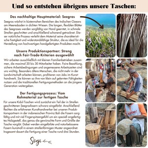 May include: A close-up of a woven bag made from natural seagrass. The bag is brown and has a natural, organic texture. The text "Soeji" is printed on the bottom of the image. The image shows the process of making the bag, with images of the seagrass being harvested, woven, and finished.