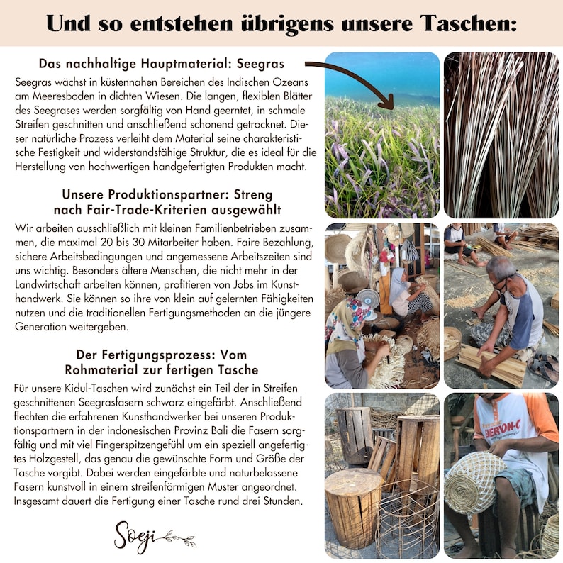 May include: A close-up of a woven bag made from natural seagrass. The bag is brown and has a natural, organic texture. The text "Soeji" is printed on the bottom of the image. The image shows the process of making the bag, with images of the seagrass being harvested, woven, and finished.