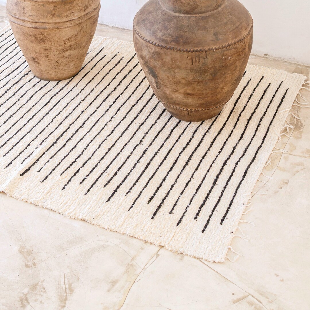 Rectangular Cotton Rug Large Rug Rectangular Handwoven From White Cotton With Black Stripes (2 ...