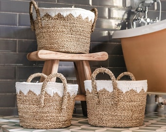 Round Seagrass Baskets with White Cotton Cords WAIGEO (3 sizes) Decorative Laundry or Storage Basket