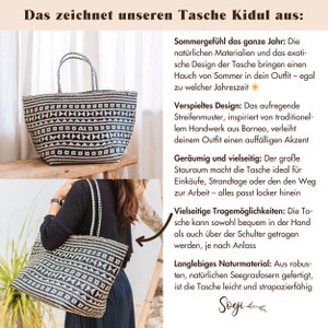 May include: Black and white woven tote bag with a geometric pattern. The bag is made of natural seagrass and has a large capacity. The text "Das zeichnet unseren Tasche Kidul aus: " is visible in the image.