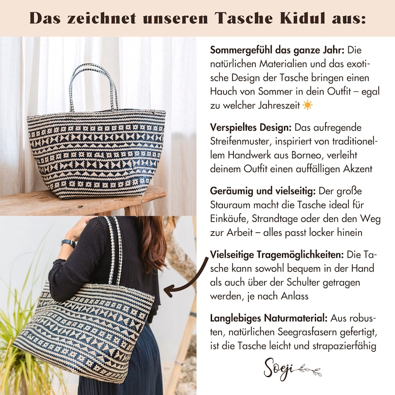 May include: Black and white woven tote bag with a geometric pattern. The bag is made of natural seagrass and has a large capacity. The text "Das zeichnet unseren Tasche Kidul aus: " is visible in the image.