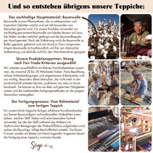 May include: A text-based image about the process of making rugs. The image includes photos of cotton plants, a woman weaving a rug, and a man working on a loom. The text describes the sustainable materials and fair trade practices used in the production of the rugs.
