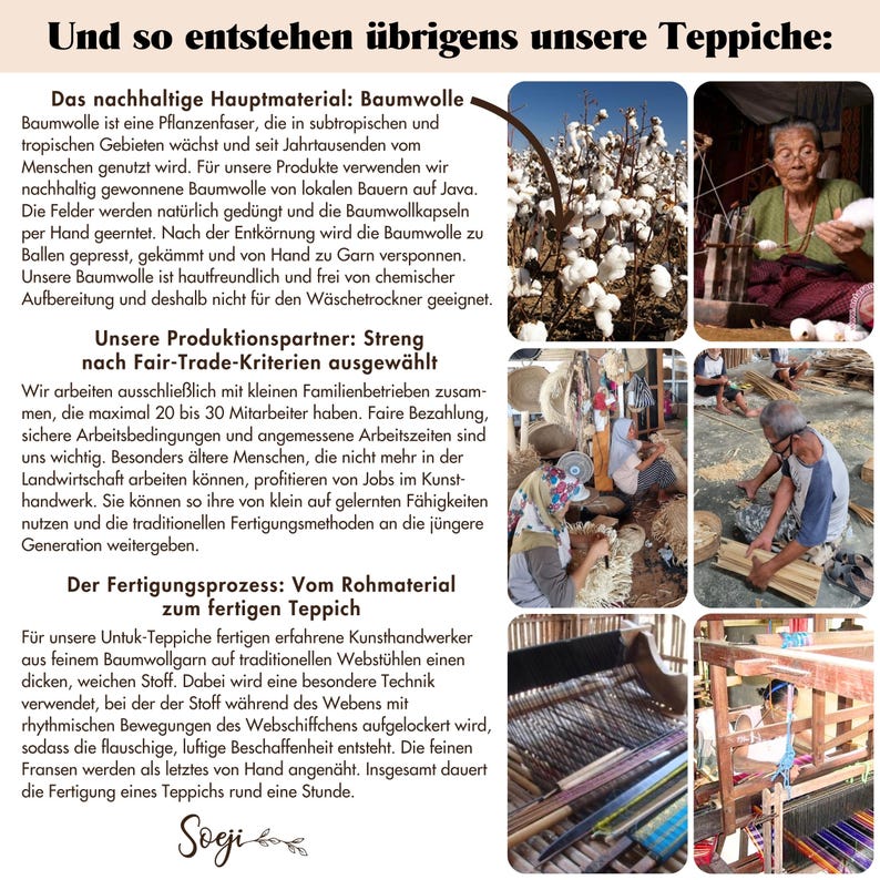 May include: A text-based image about the process of making rugs. The image includes photos of cotton plants, a woman weaving a rug, and a man working on a loom. The text describes the sustainable materials and fair trade practices used in the production of the rugs.
