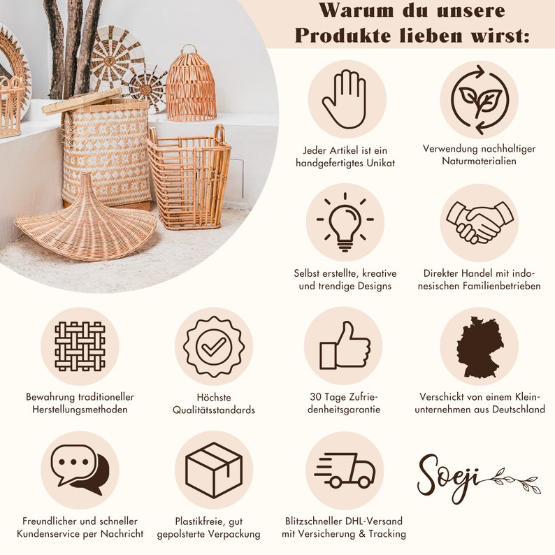 May include: A graphic with nine icons representing the reasons to love a company's products. The icons include a hand-crafted item, sustainable materials, unique designs, direct trade, traditional methods, high quality, satisfaction guarantee, a small business, and fast shipping. The text "Warum du unsere Produkte lieben wirst" is at the top of the graphic. The text "Sogi" is at the bottom of the graphic.