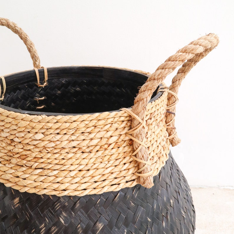 Black Plant Basket Decorative Basket Large Laundry Basket BENOA black Hand-woven Basket made of Bamboo and Seagrass 3 sizes image 3