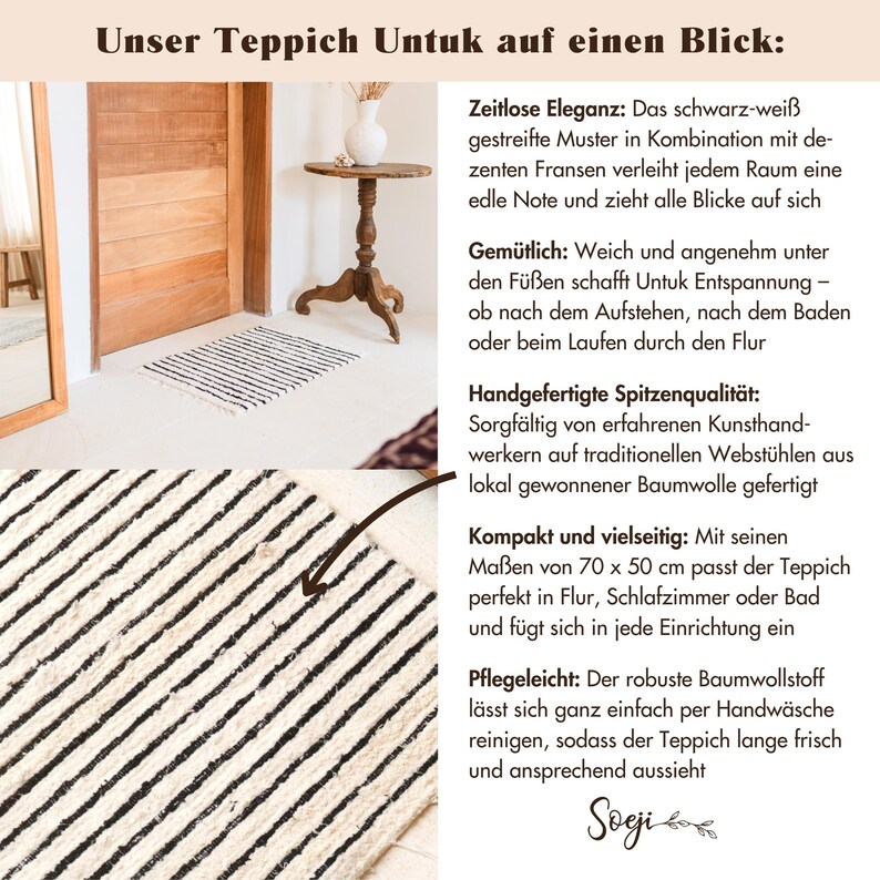 May include: A black and white striped rug made of cotton. The rug is 70 inches by 50 inches. The rug is described as being timeless, comfortable, and easy to care for.