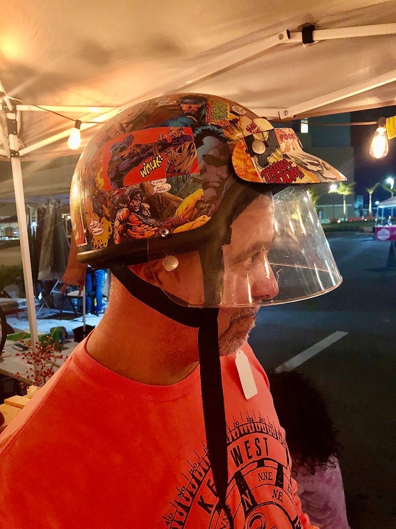 comic book motorcycle helmet Decoupaged Comic Book Helmet | Upcycled Vintage Art