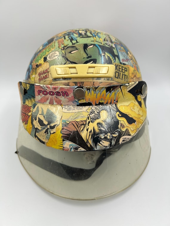 comic book motorcycle helmet Decoupaged Comic Book Helmet | Upcycled Vintage Art