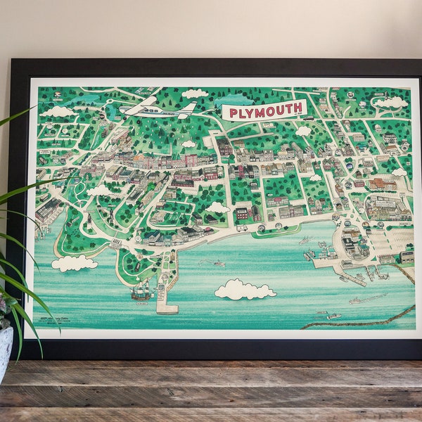 Plymouth Map Print | Illustrated Map Art | Plymouth Massachusetts | America’s Hometown | Handmade Map | Plymouth Map Poster | 24” x 36”