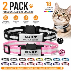 Collares para gatos con sistema de seguridad (paquete de 2), personalizados y reflectantes. Etiqueta de identificación grabada con nombre y teléfono. Hebilla de liberación rápida. Ajustable.