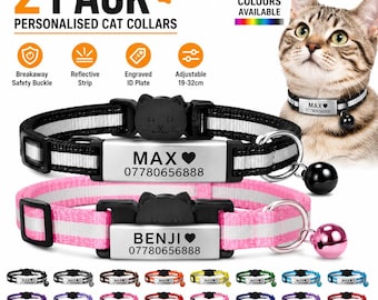 Collares para gatos con sistema de seguridad (paquete de 2), personalizados y reflectantes. Etiqueta de identificación grabada con nombre y teléfono. Hebilla de liberación rápida. Ajustable.