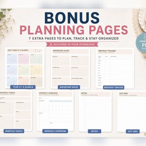May include: A set of seven printable planning pages featuring a 2027 year at a glance calendar, important dates, birthday tracker, monthly goals, monthly overview, notes, and dot grid sheets. The digital PDF collection includes headers in dark blue and pink.