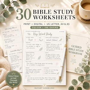 Può includere: Un set di 30 schede per lo studio biblico che include un quaderno di esercizi guidato, appunti di studio individuali e una pagina per lo studio delle parole chiave. I documenti contengono sezioni per riferimenti, definizioni e applicazioni.