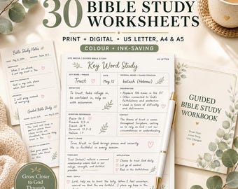 May include: A set of 30 Bible study worksheets featuring a guided workbook, individual study notes, and a key word study page. The documents include sections for scripture references, definitions, and applications, all presented in a clean, neutral layout.