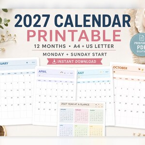 May include: A 2027 printable calendar set featuring 12 months in A4 and US Letter sizes with Monday and Sunday start options. The design includes monthly pages for January, April, July, and October, plus a 2027 year-at-a-glance overview page.