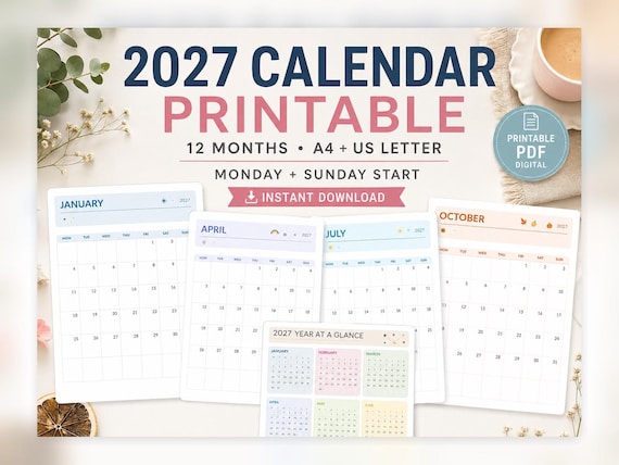2027 Printable Calendar, Colourful Monthly Planner, A4 & US Letter PDF